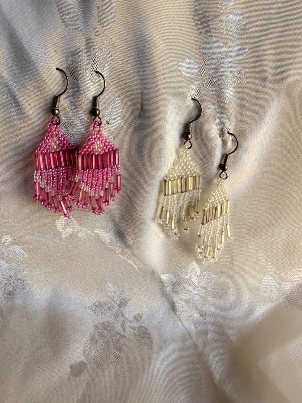 Seed Bead Tassel Dangle Earrings - Set of 2 - Pink & White